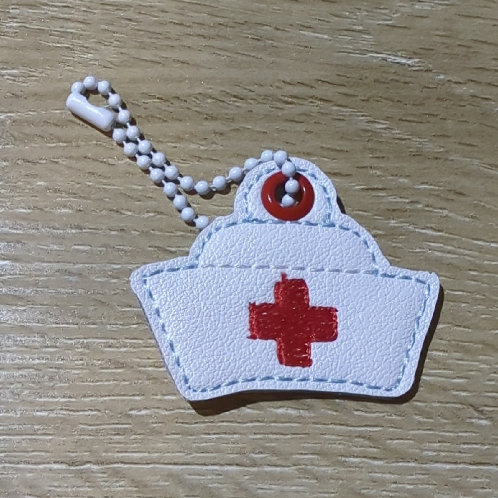 White Nurse Hat Keychain with Red Cross